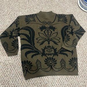 Vintage Olive Green Floral Pattern Sweater